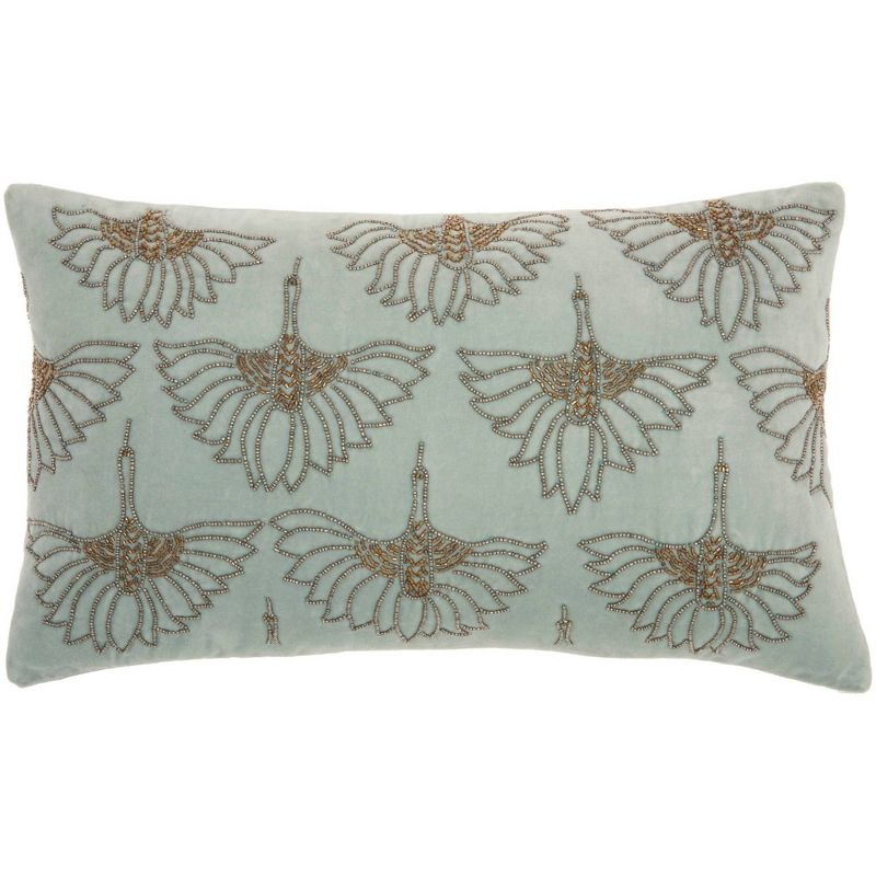 Mina Victory 12"x20" Sofia Beaded Flowers Lumbar Throw Pillow Green: Bohemian Floral Cotton Pillow with Removable Cover