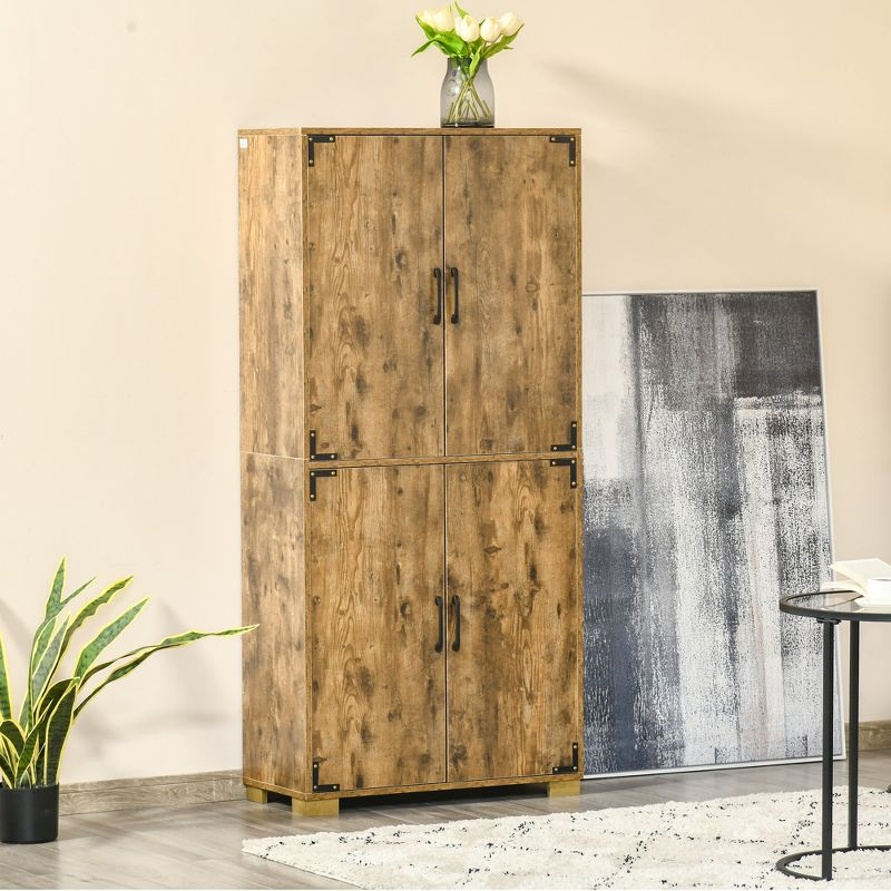 HOMCOM Industrial Style 4-Door Cabinet Pantry Cupboard with Storage Shelves for Bedroom and Living Room, Rustic Wood