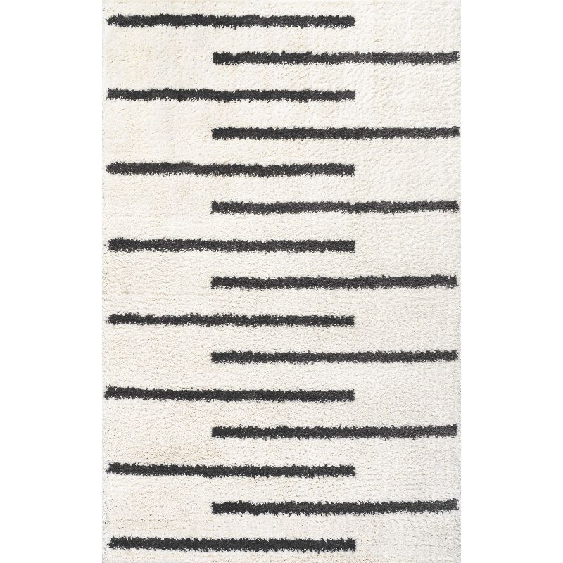 3'x5' Alaro Berber Stripe Shag Area Rug, White/Black - JONATHAN Y