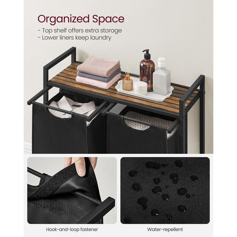 VASAGLE 46L Laundry Hamper Laundry Basket with 2 Pull-Out Bags Laundry Sorter with Shelf Rustic Brown and Black