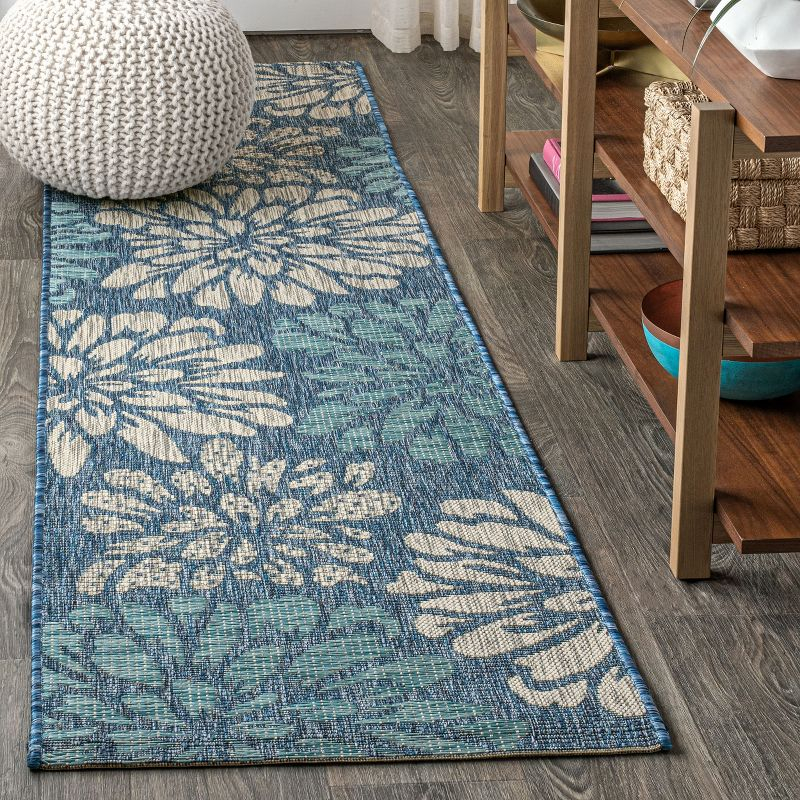 JONATHAN Y Zinnia Modern Floral Textured Weave Navy/Aqua 2 ft. x 20 ft. Indoor/Outdoor Runner Rug