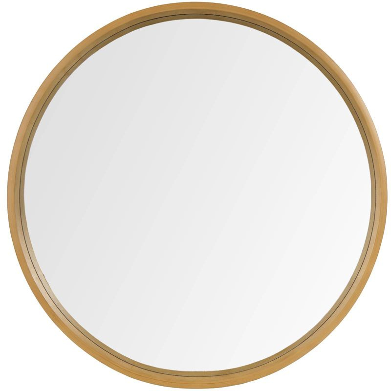 32" Wood Round Mirror Natural - WallBeyond: Pine Frame, Wall Mount, Modern Decor