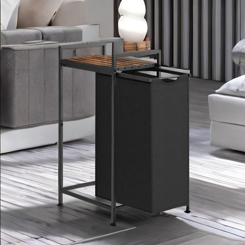 Stylish Laundry Hamper, Basket, Sorter with Pull£¬Out Bag, Shelf, Metal Frame , 12.7 Gallons (47 L), 16.5 x 11 x 29.5 Inches, Ink Black/Rustic Brown,