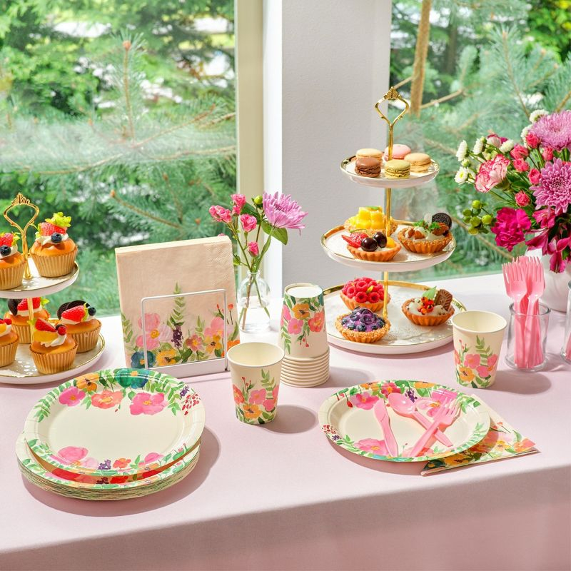 Juvale 144 Piece Watercolor Flower Tea Party Supplies, Includes Disposable Floral Paper Plates, Napkins, Cups, Cutlery