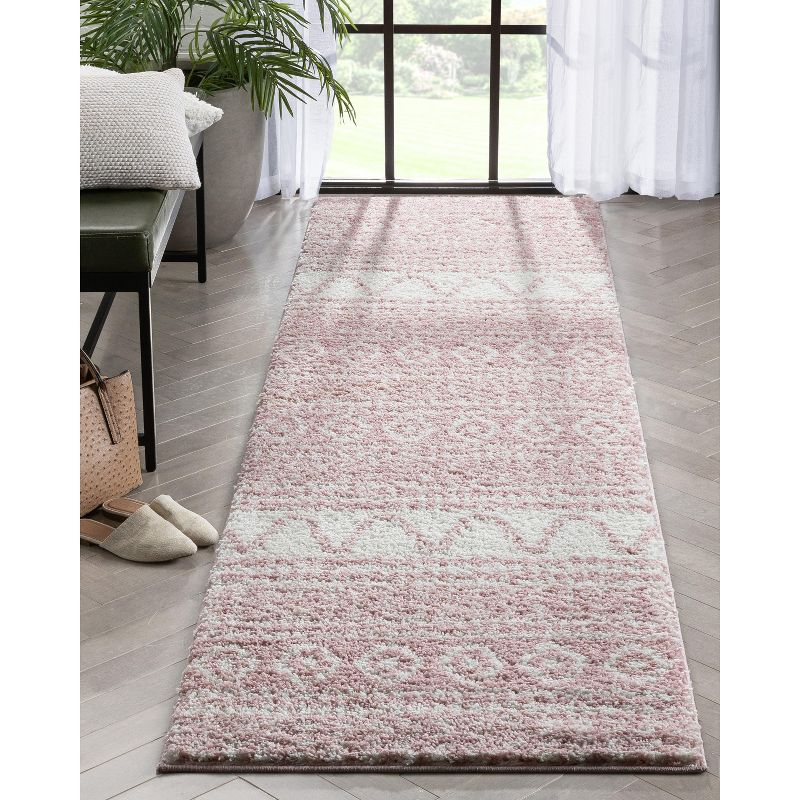 Well Woven Diamond Stripes Shag Blush Cozy 1" Thick 2'7" x 9'10" Runner Pink Area Rug