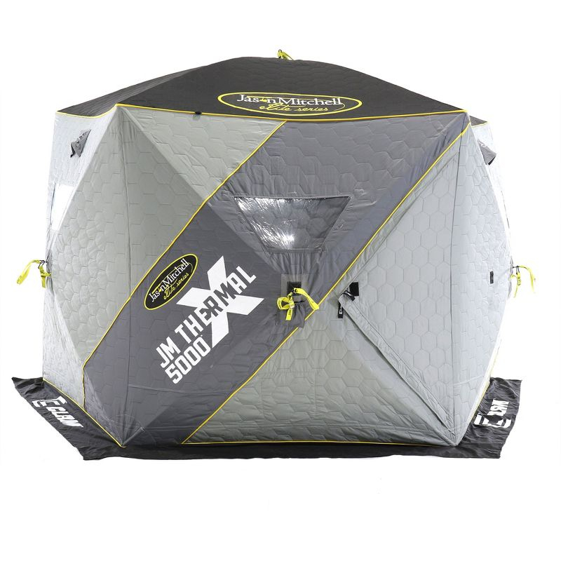 CLAM 14471 Portable 4 to 6 Person 9 Foot Jason Mitchell X5000 Ice Fishing Angler Thermal Hub Shelter Tent with Anchors, Tie Ropes, and Carrying Bag