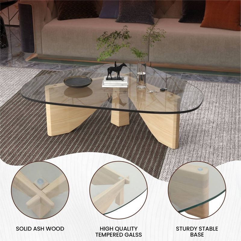 LeisureMod Imperial Collection Triangular Glass Top Coffee Table with Glossy Ash Wood Base for Home, Living Room, Office