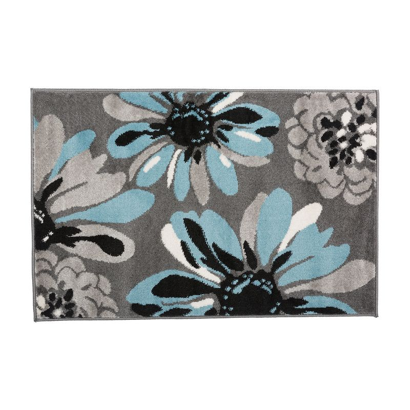 World Rug Gallery Contemporary Modern Flowers Door Mat - Blue 2' x 3':  Floral,  Stain-Resistant,  Low Pile,  Indoor Use