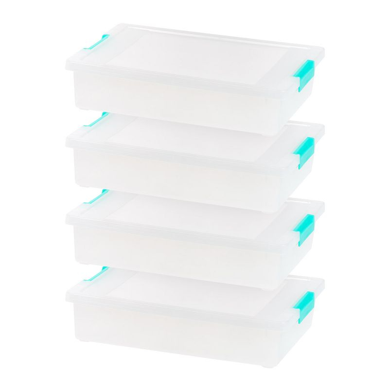 IRIS USA 6 Quart Large Clip Box, 4 Pack, Clear Plastic Storage Container Bins with Latching Lid, Seafoam Blue Buckles