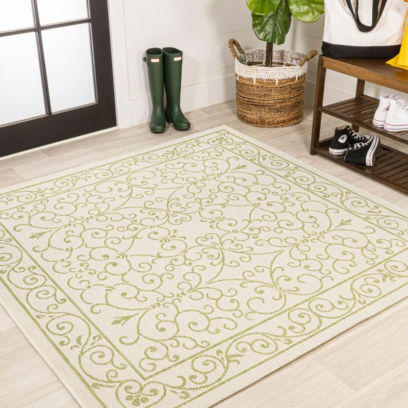 5' x 5' Charleston Vintage Filigree Textured Weave Indoor/Outdoor Area Rug, Cream/Green - JONATHAN Y