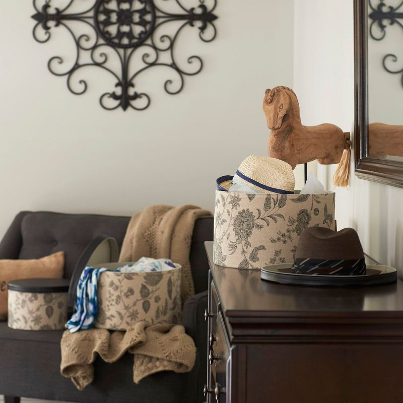 Round Hat Boxes with Lids, Detailed Floral Print with Faux Leather Lids, Large, Medium and Small, Black and Tan