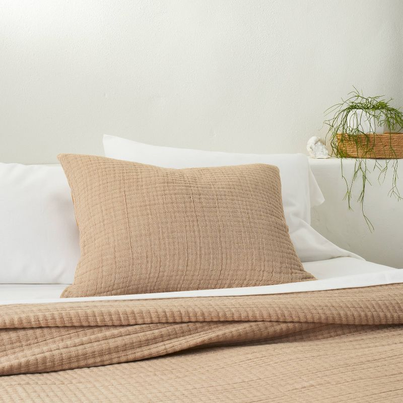 Standard Reversible Textured Cotton Chambray Coverlet Sham Natural/Warm Brown - Casaluna™: Jacquard Weave, Zipper Closure, OEKO-TEX Certified