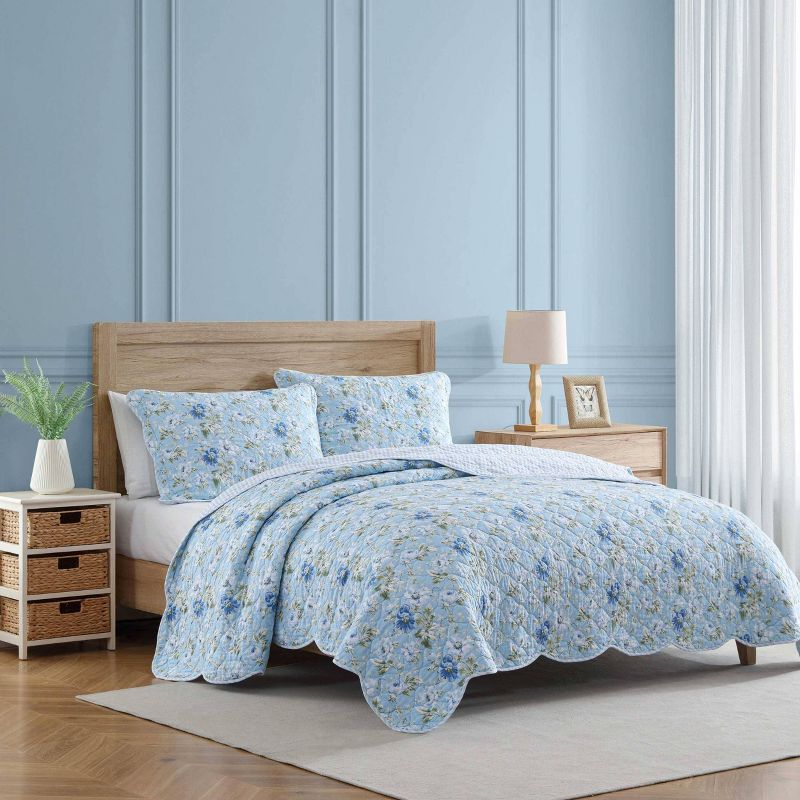 Laura Ashley Full/Queen Peony Garden Quilt Set Blue: Includes 2 Shams, Year-Round Comfort