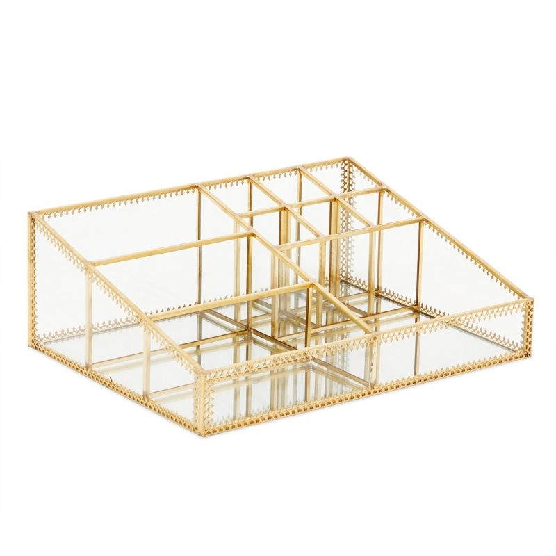 Glamlily Glass Makeup Organizer with Gold Trim, 10 Compartments (10.2 x 7.5 x 3.5 In)