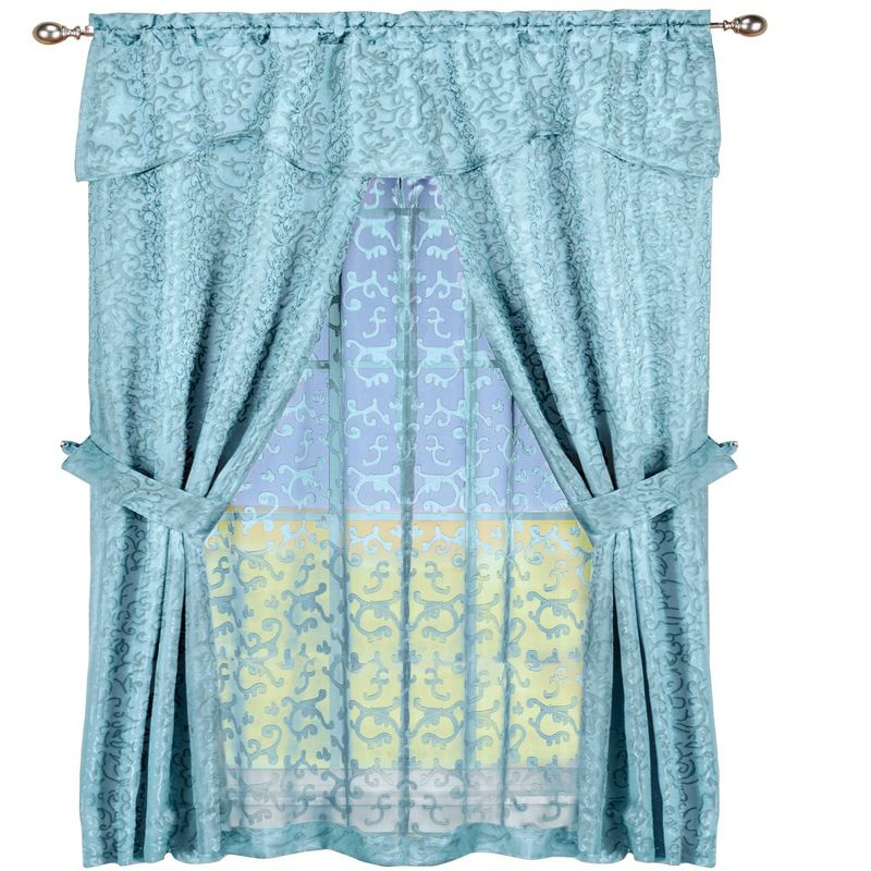 Collections Etc Insulated Scrolling Design Sheer Window Curtain Set with Tie Backs 54" x 63" Blue