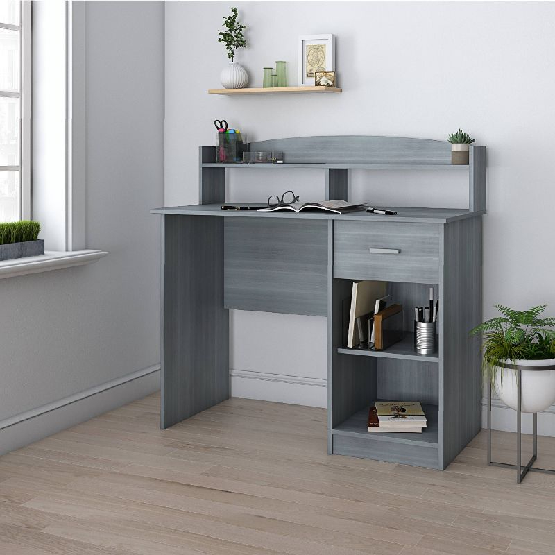 Modern Office Desk with Hutch Gray - Techni Mobili: Laminated Particle Board, Storage Hutch