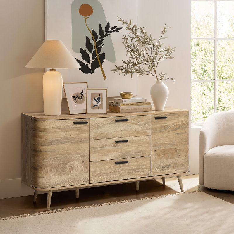 LuxenHome Sideboard Buffet Cabinet with Storage, 59'' Wide Natural Oak Manufactured Wood Accent Console Cabinet with 2-Door and 3-Drawer
