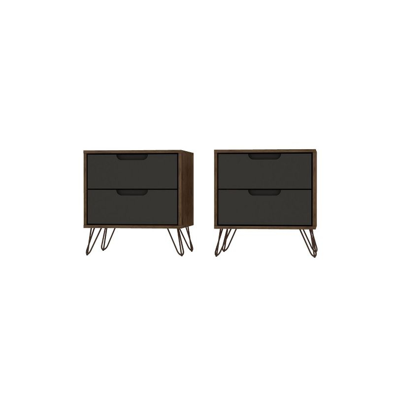 Set of 2 Rockefeller 2 Drawer Nightstands Nature/Textured Gray - Manhattan Comfort: Modern Splayed Metal Legs, MDF