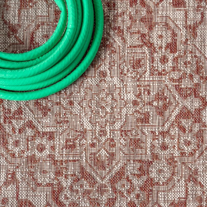 5' Square Rozetta Boho Medallion Textured Weave Indoor/Outdoor Area Rug, Red/Taupe - JONATHAN Y
