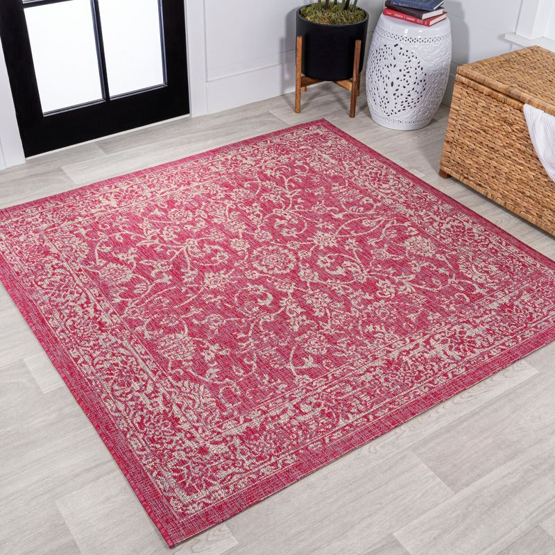 5' x 5' Tela Bohemian Inspired Textured Weave Floral Indoor/Outdoor Area Rug, Fuchsia/Light Gray - JONATHAN Y