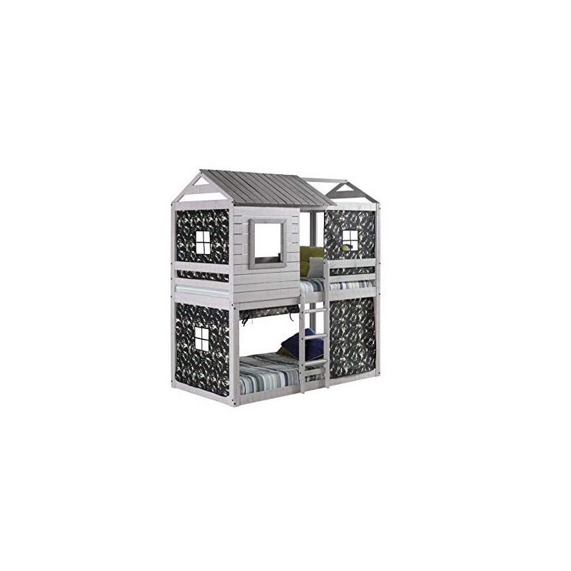 Donco Kids Deer Blind Cabin Twin Over Twin Rustic Grey Bunkbed with Green Camo Tent