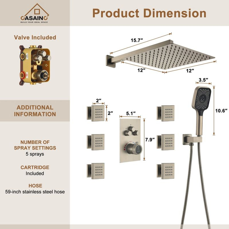 CASAINC 6-Spray 12 in. Thermostatic Dual Shower Heads with 6-Jets
