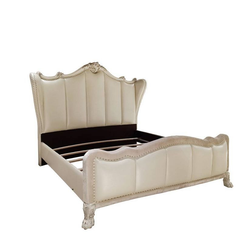 Acme Furniture 95" California King Bed Dresden Synthetic Leather & Bone White : Champagne PU, Claw Feet, Tufted Headboard