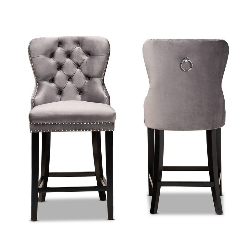 2pc Howell Modern Velvet Upholstered Wood Counter Height Barstool Set Gray/Brown - Baxton Studio: Polyester, Fixed Height