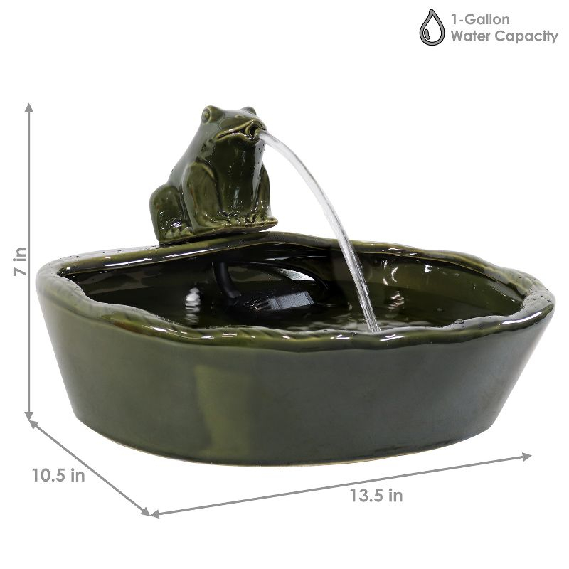 Sunnydaze Outdoor Solar Powered Ceramic Spitting Frog Water Fountain with Submersible Pump - 7" - Green