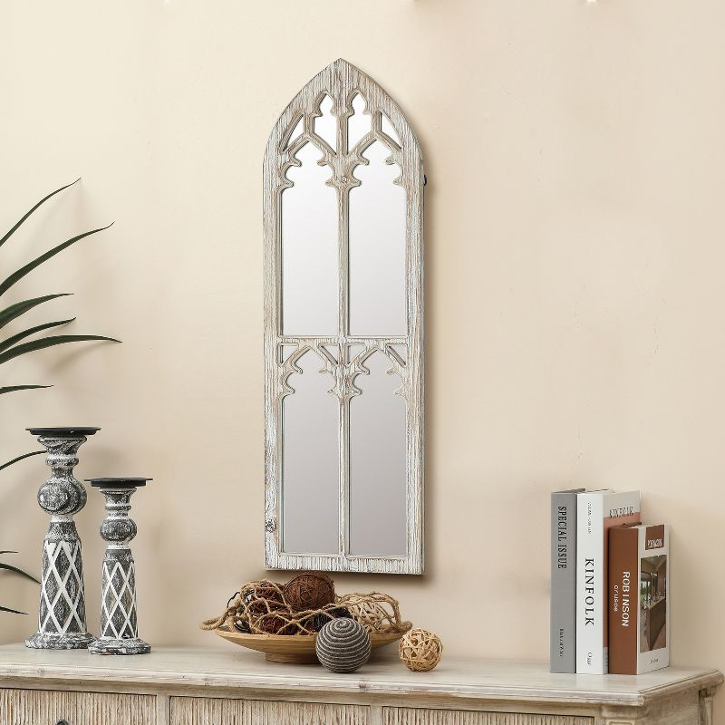 LuxenHome Distressed White Wood Cathedral Framed Wall Mirror
