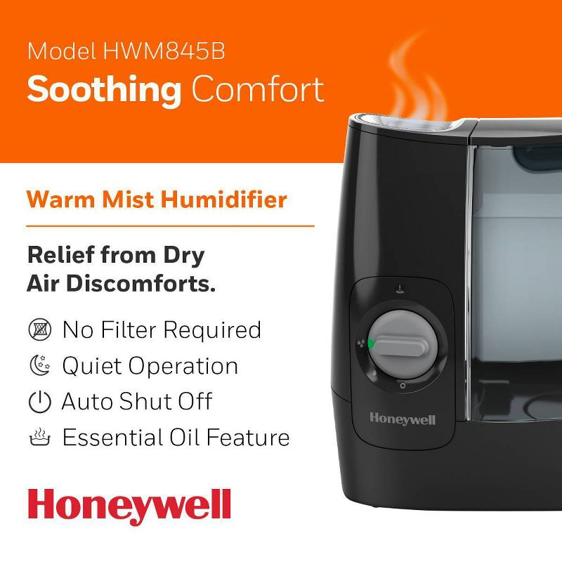 Honeywell HWM845 Warm Mist Humidifier with Essential Oil Cup Filter Free Black: Quiet Operation, 24-Hour Run Time, ETL Listed