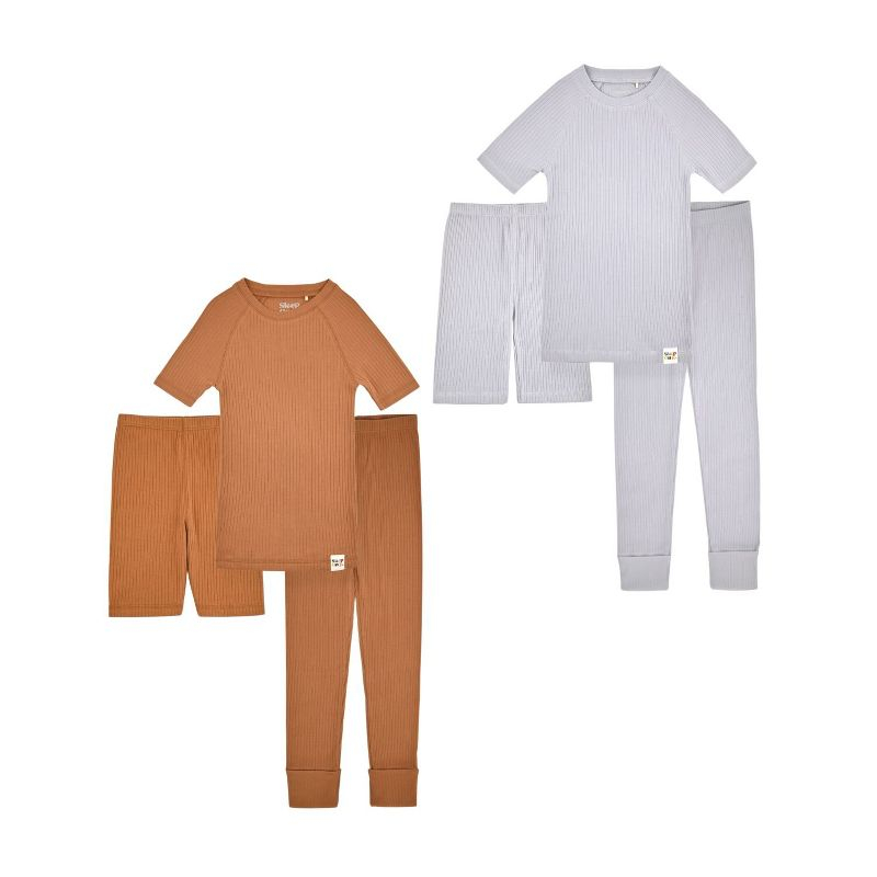 Sleep On It 100% Organic Cotton Rib Knit Snug-Fit 6-Piece Pajama Sets for Boys & Girls, Brown & Grey, Size 4T