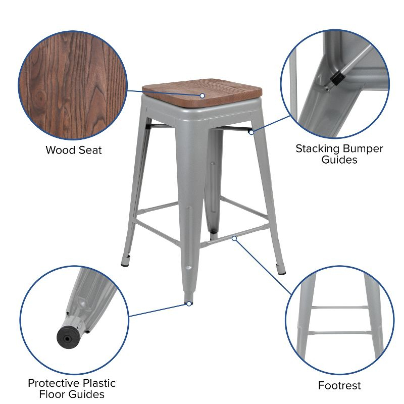 Flash Furniture 24" High Metal Counter-Height, Indoor Bar Stool with Wood Seat in Silver - Stackable Set of 4