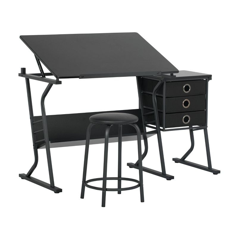 Studio Designs Home 2pc Eclipse Ultra Center/Drawing Table with Angle Adjustable Top, Storage Shelf, and Drawers with Padded Stool Set Black
