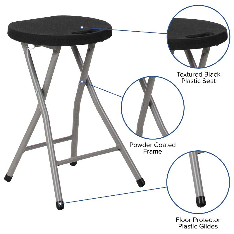 Emma and Oliver 2 Pack Foldable Portable Stool with Black Plastic Seat and Titanium Gray Frame