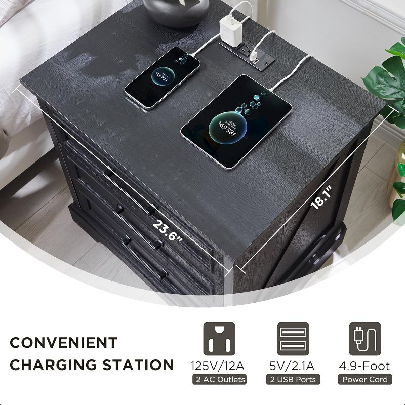 SinCiDo 24" Wide Farmhouse Nightstand with Charging Station & 3 Drawers & Handles, End Table for Bedroom, Living Room, Black