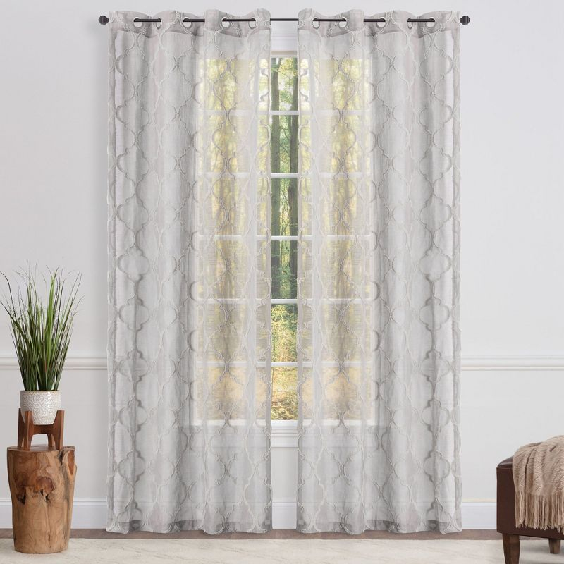 Chanasya 2pk Moroccan Embroidered Grommet Textured Sheer Window Curtain Panels - Set of 2 - 52 x 63 Inches Long - Gray Sage