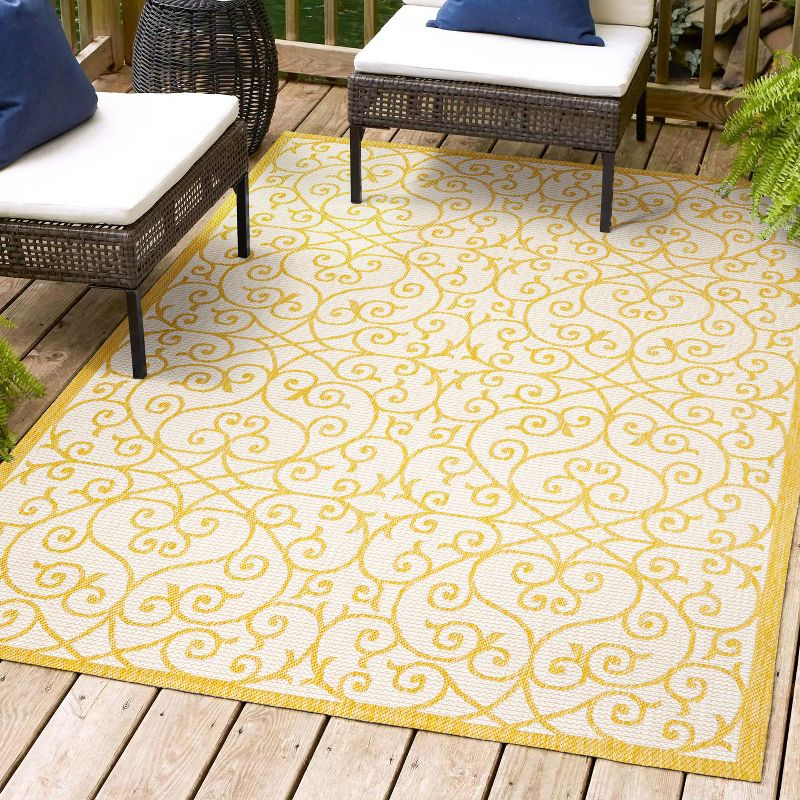 3' x 5' Madrid Vintage Filigree Textured Weave Indoor/Outdoor Area Rug, Cream/Yellow - JONATHAN Y