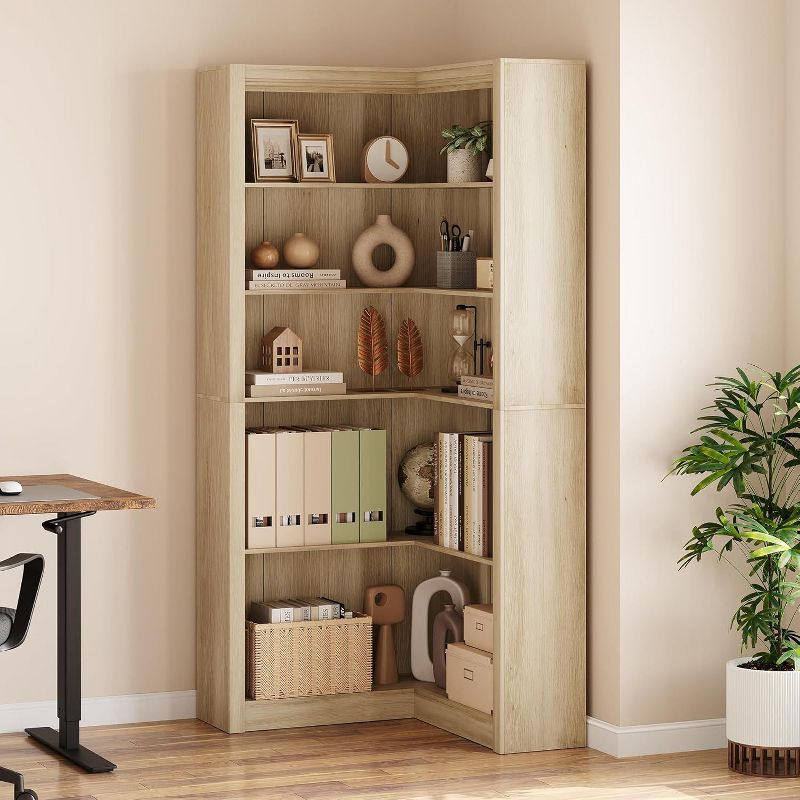 71.8" Gray Farmhouse Bookcase, L-Shaped Corner Bookshelf with 5-Tier Storage, Heavy Duty Shelf for Living Spaces