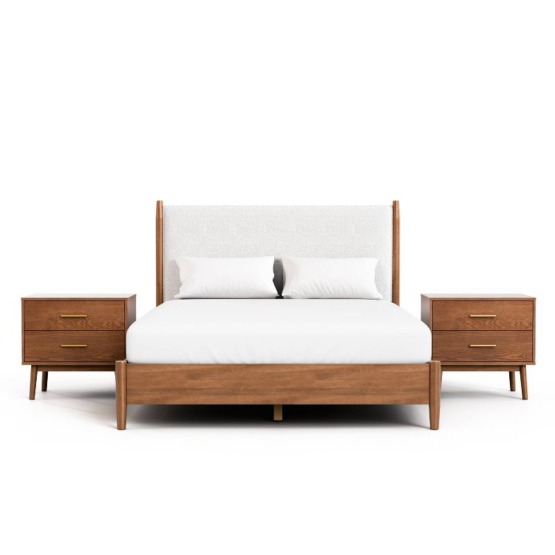 HOMES: Inside + Out 3pc Queen Riverstone Mid-Century Modern Boucle Bedroom Set with 2 Nightstands Walnut