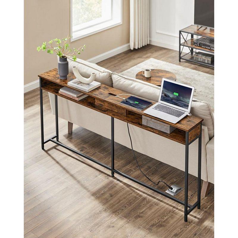 VASAGLE Narrow Console Table 70.9" with 2 Outlet and 2 USB Ports Sofa Table with Charging Station Long Entryway Table Rustic Brown and Black