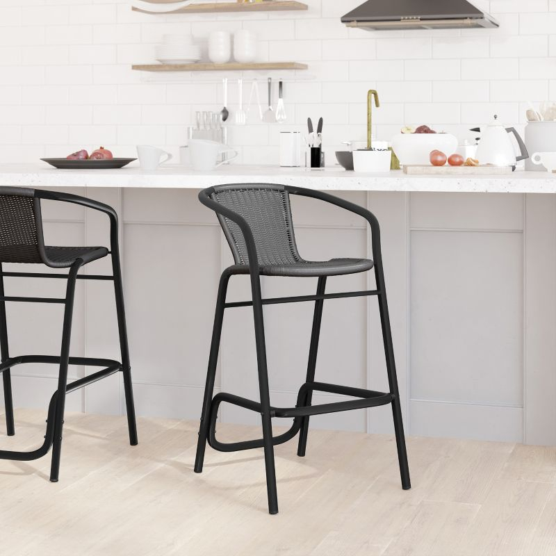 Emma and Oliver Indoor/Outdoor Restaurant Style Rattan Barstool in Black