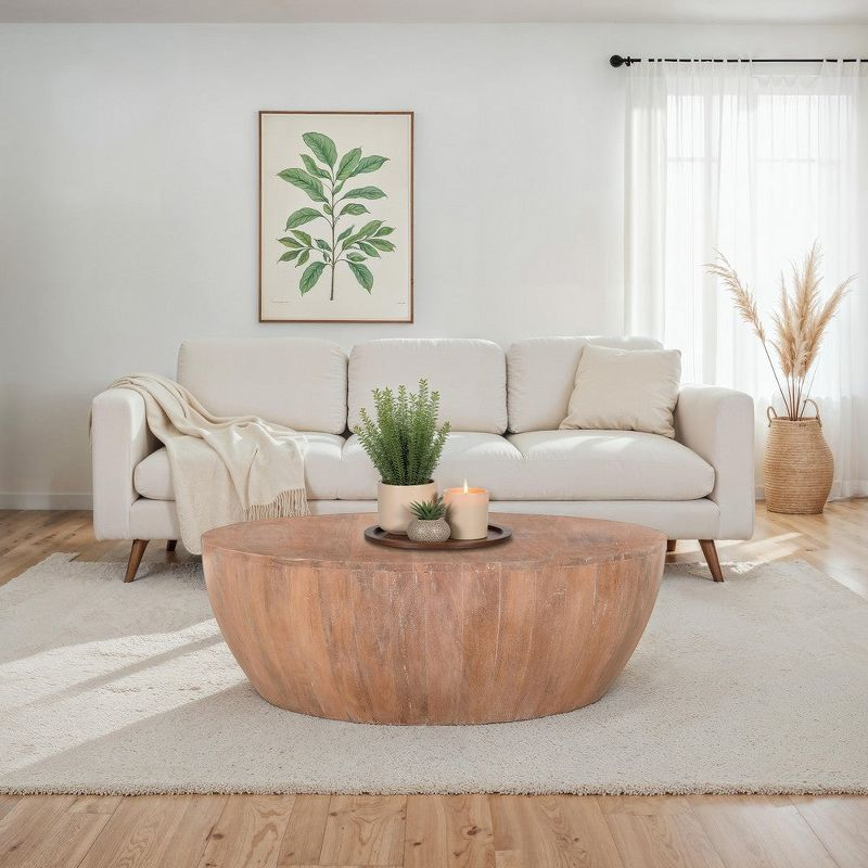 Arthur Drum Shape Wooden Coffee Table with Plank Design Base, Distressed Brown - UPT-32182 Brown
