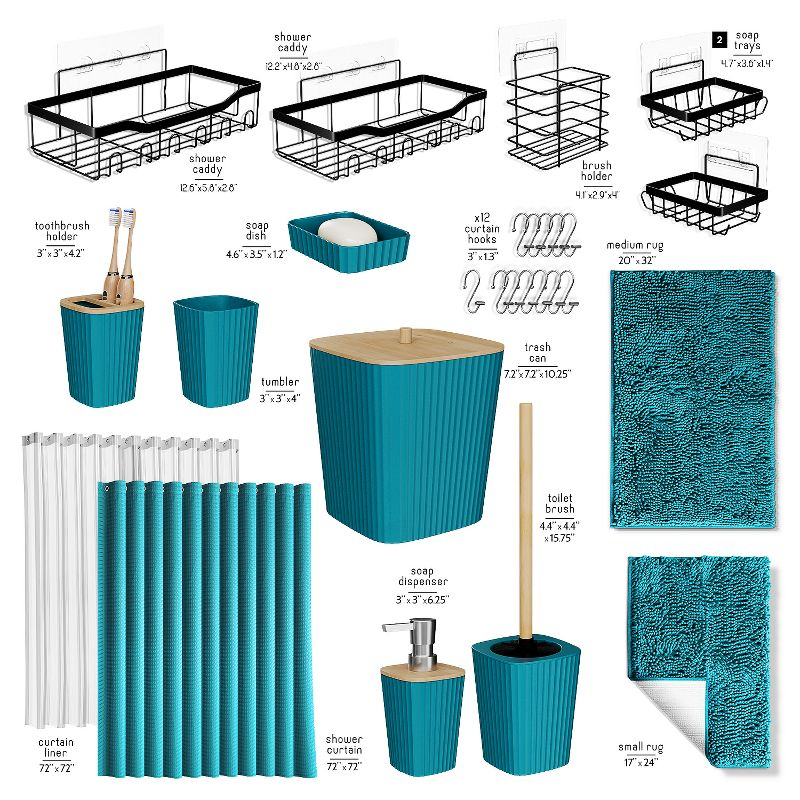 Bathroom Accessories Set with Shower Caddy and Bath Rugs - 27PC Bathroom Accessory Set with Shower Caddies & Teal Bath Rugs, Shower Curtain Set