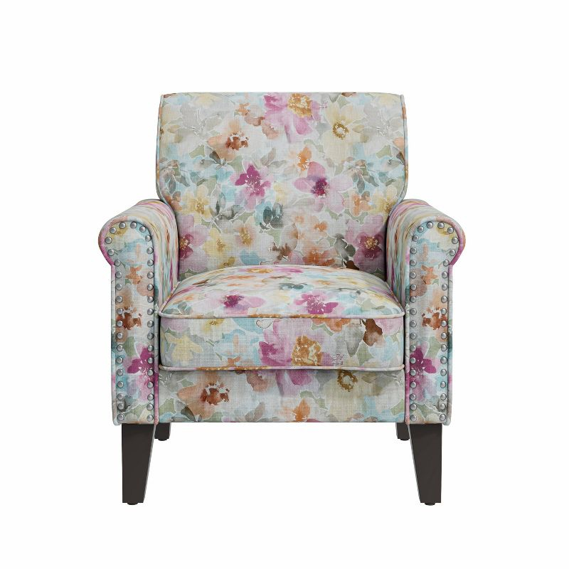 Handy Living Janet Traditional Rolled Arm Accent Chair with Pewter Nailheads Floral Pattern Pink
