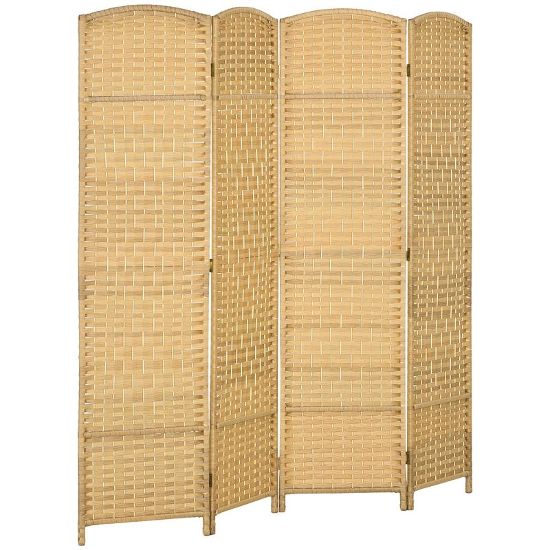 HOMCOM 4 Panel Room Divider, 6' Tall Folding Privacy Screen, Hand-Woven Freestanding Wood Partition for Home Office, Bedroom, Nature Wood