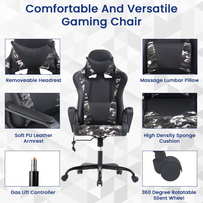 BestMassage Gaming Chair High-Back Office Chair with Lumbar Support Massage Function and PU Leather Rolling Swivel Chair for Adults and Teens, Camo