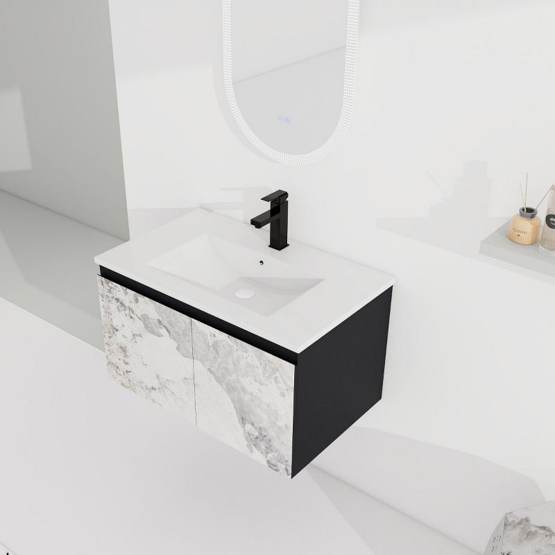 30'' Floating Wall-Mounted Marbling Black Bathroom Vanity Ceramics Sink,Floating Sink with Soft-Close Cabinet Door, KD-Package-Cuddlewood