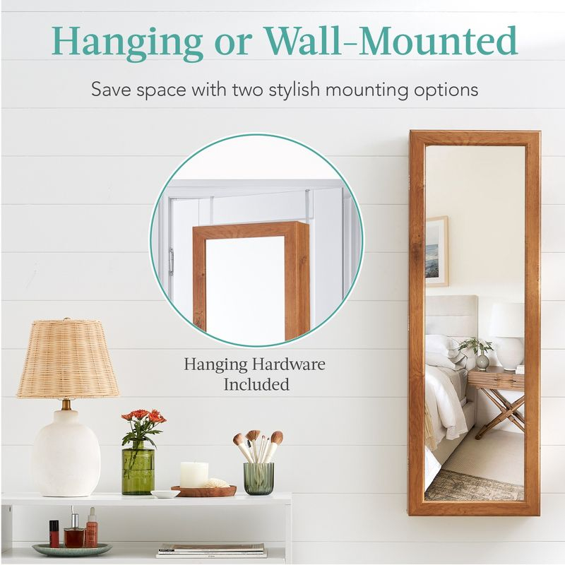 Best Choice Products Hanging Mirror Jewelry Armoire, Door or Wall Mounted Cabinet w/ LED Lights, Lock - Rustic Brown