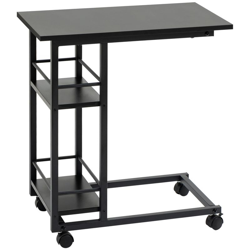 HOMCOM C Shaped End Table with Storage Shelves, Mobile Side Table with Wheels for Sofa Couch, Bed, Metal Frame